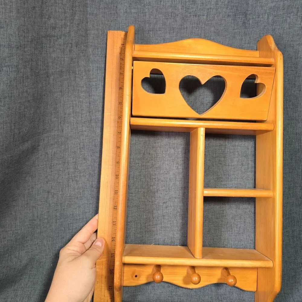 Vtg Wood Wall Shelf Curio Shadow Box Heart Dividers Display Country Cottage Core